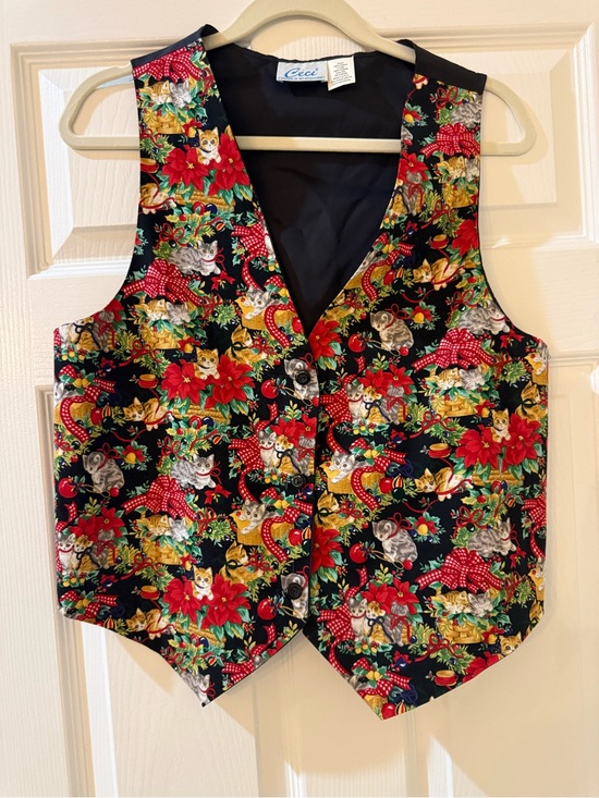 Ceci. Jackets & Blazers - Vintage Black Xmas 100% Cotton Vest with Red Poinsettias & Multicolor Cat Motif